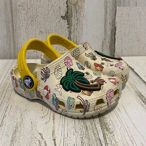 CLEARANCE! CROCS Toddler Size 7 Beach Print Pale Yellow Crocs Palm Tree Detail